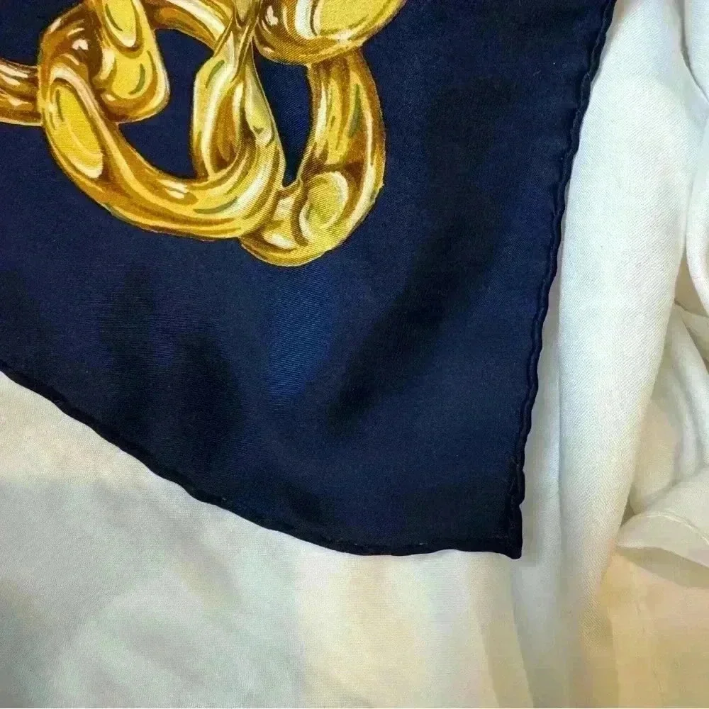AUTHENTIC CHANEL SILK navy scarf logo chain camellia